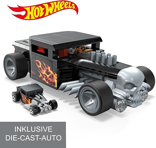 Mega Hot Wheels Collectible Car Building Toy, Bone Shaker with 334 Pieces and Die-Cast Model, Build & Display Set for Collectors, Black and Chrome