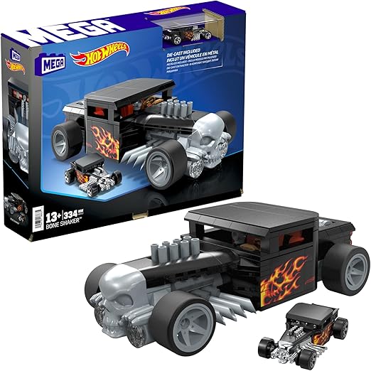 Mega Hot Wheels Collectible Car Building Toy, Bone Shaker with 334 Pieces and Die-Cast Model, Build & Display Set for Collectors, Black and Chrome