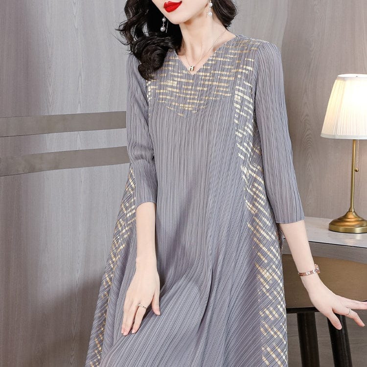 Midi Sleeve Pleated V-Neck Loose Dress