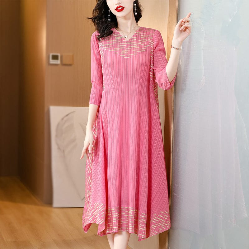 Midi Sleeve Pleated V-Neck Loose Dress