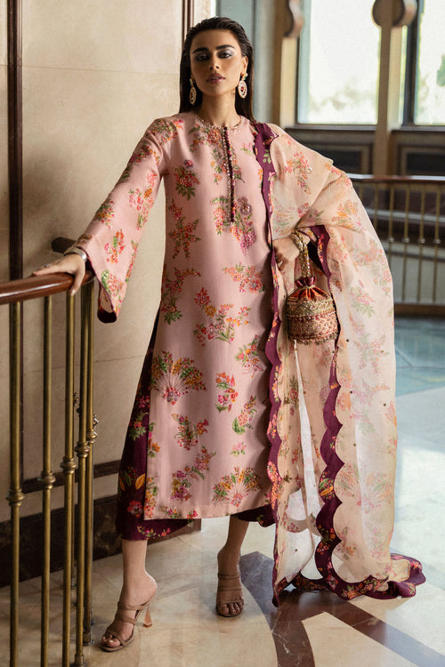 Hussain Rehar Pink floral printed kurta set