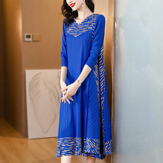 Midi Sleeve Pleated V-Neck Loose Dress