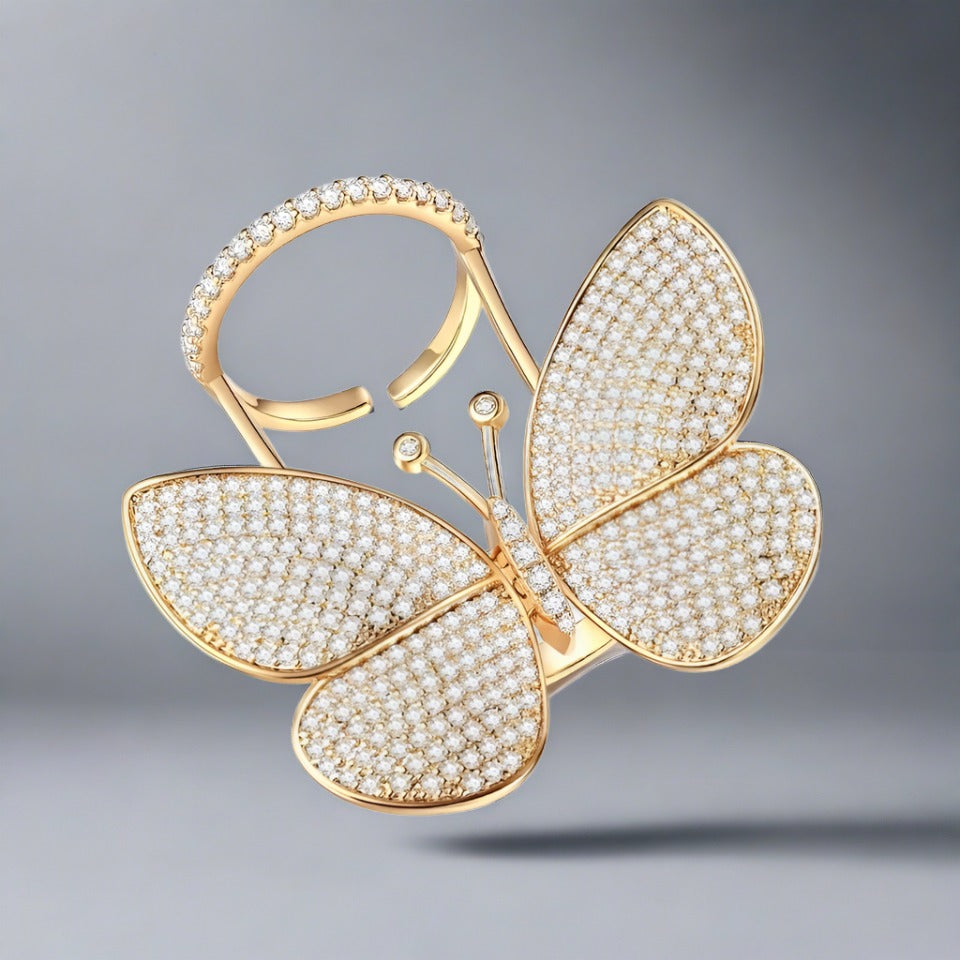 Flying Butterfly Diamond Ring - 18KT Gold Plated (Re-Sizable)