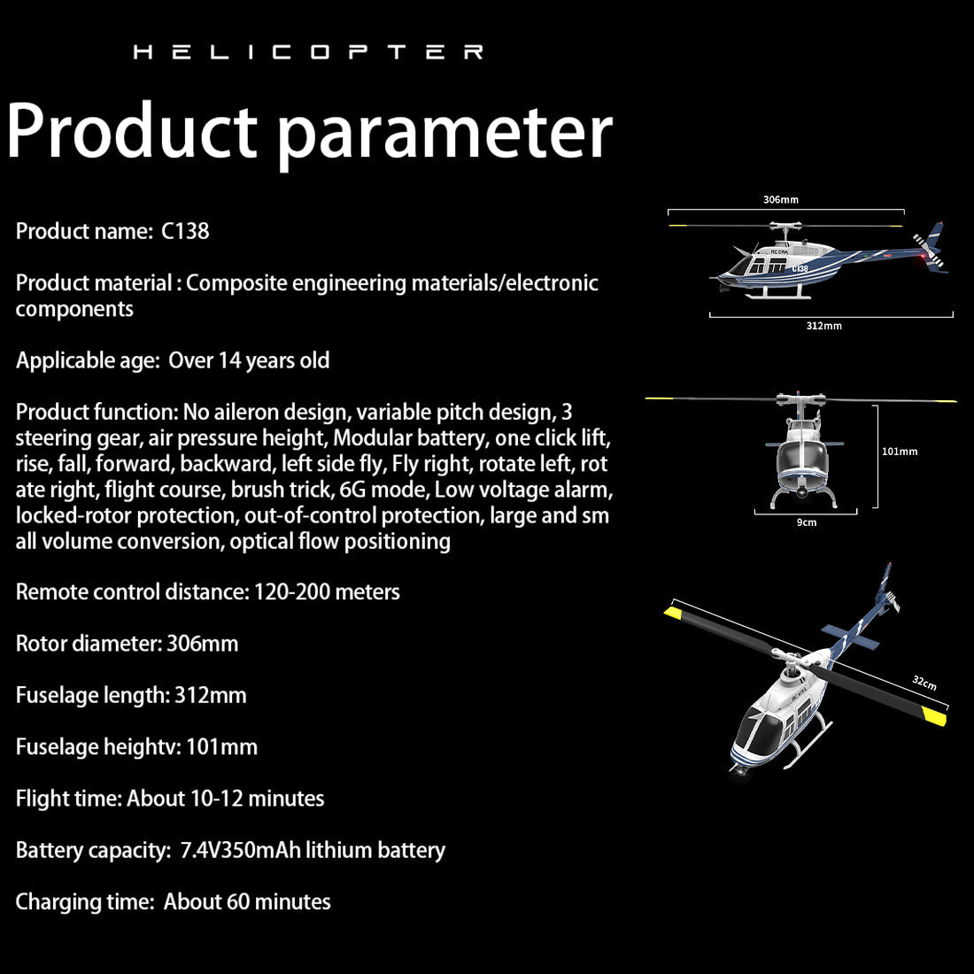 RC ERA C138 1/33 Scale BELL 206 Helicopter 2.4G 6CH Single-Rotor Gyroscopic Flying Aircraft Model Jet Ranger