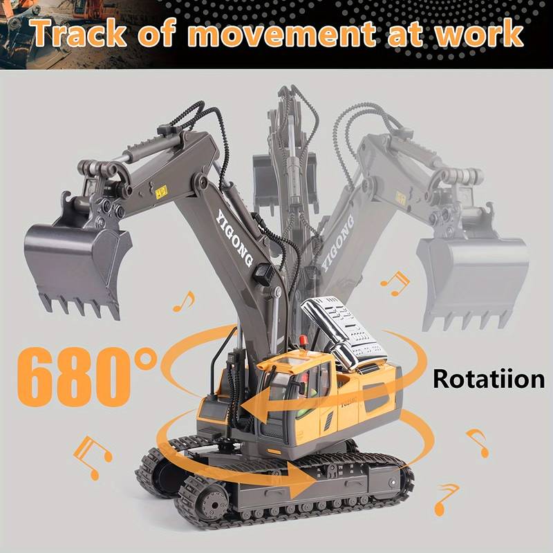 RC Excavator Toy for Boys with Metal Shovel & Light - Rechargeable, 11CH Remote Control Construction