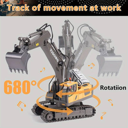 RC Excavator Toy for Boys with Metal Shovel & Light - Rechargeable, 11CH Remote Control Construction