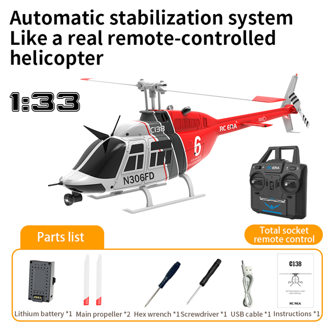 RC ERA C138 1/33 Scale BELL 206 Helicopter 2.4G 6CH Single-Rotor Gyroscopic Flying Aircraft Model Jet Ranger