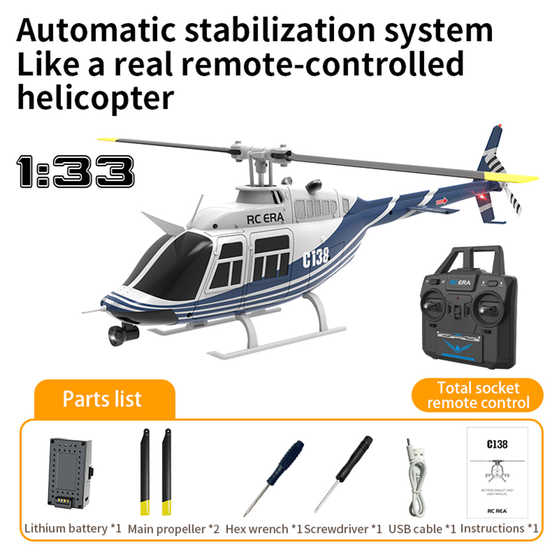 RC ERA C138 1/33 Scale BELL 206 Helicopter 2.4G 6CH Single-Rotor Gyroscopic Flying Aircraft Model Jet Ranger