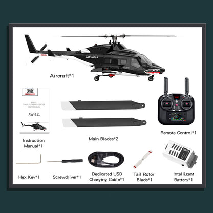 WOLFBUSH AW-911 Airwolf 1/34 Scale 2.4G 9CH Flybarless RC Helicopter Model with 6G/3D Stunt Mode and GPS Positioning (RTF Version/ Mode 1/Mode 2 Switchable)