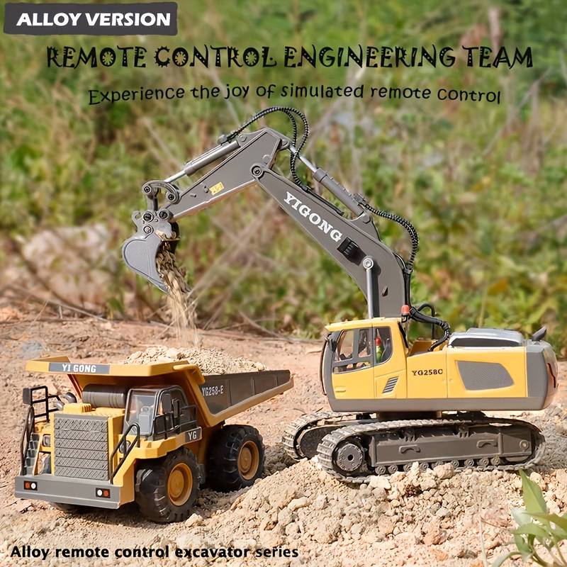 RC Excavator Toy for Boys with Metal Shovel & Light - Rechargeable, 11CH Remote Control Construction