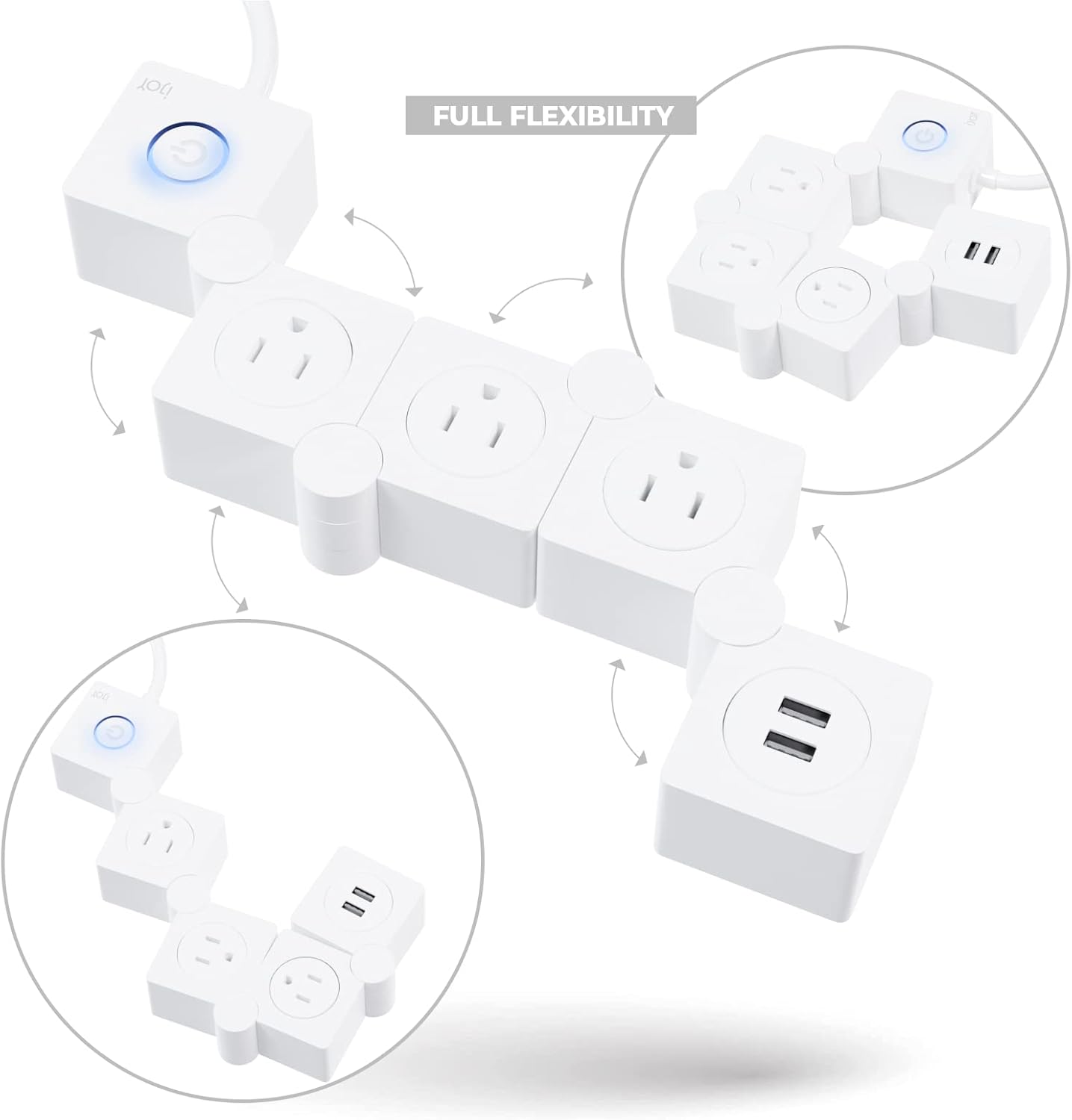 Flexible Power Strip - 3 AC Outlets and 2 USB Charging Ports with 5 Ft Extension Cord, Power Strip Surge Protector White