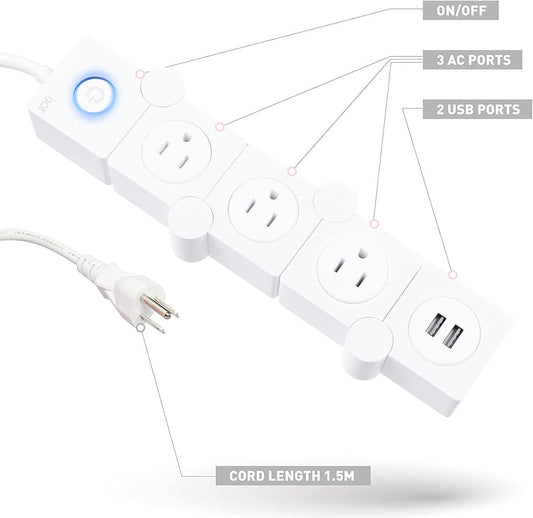 Flexible Power Strip - 3 AC Outlets and 2 USB Charging Ports with 5 Ft Extension Cord, Power Strip Surge Protector White