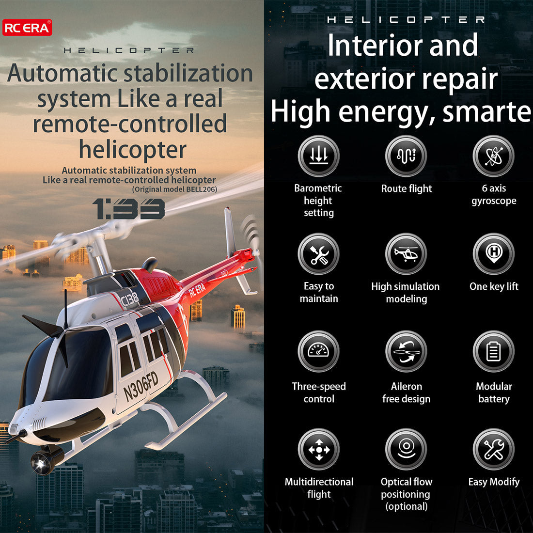 RC ERA C138 1/33 Scale BELL 206 Helicopter 2.4G 6CH Single-Rotor Gyroscopic Flying Aircraft Model Jet Ranger