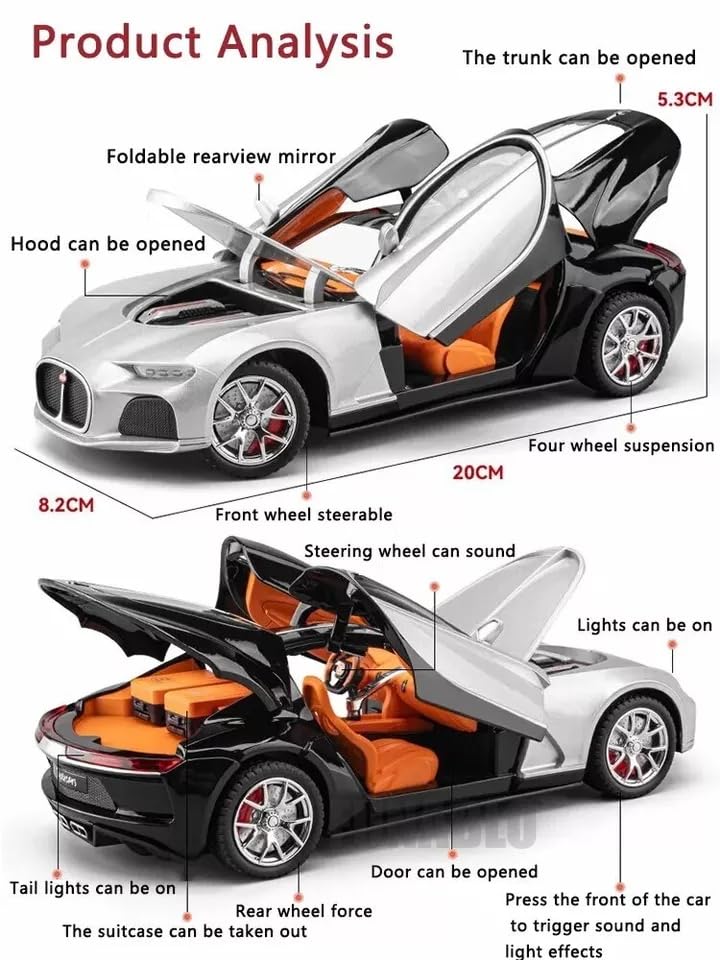 :24 Scale Bugatti Atlantic Alloy Car Model Diecast Toy Vehicles for Kids, with Lights and Music