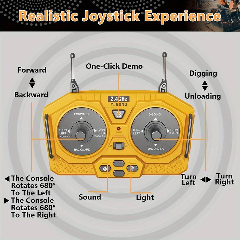 RC Excavator Toy for Boys with Metal Shovel & Light - Rechargeable, 11CH Remote Control Construction