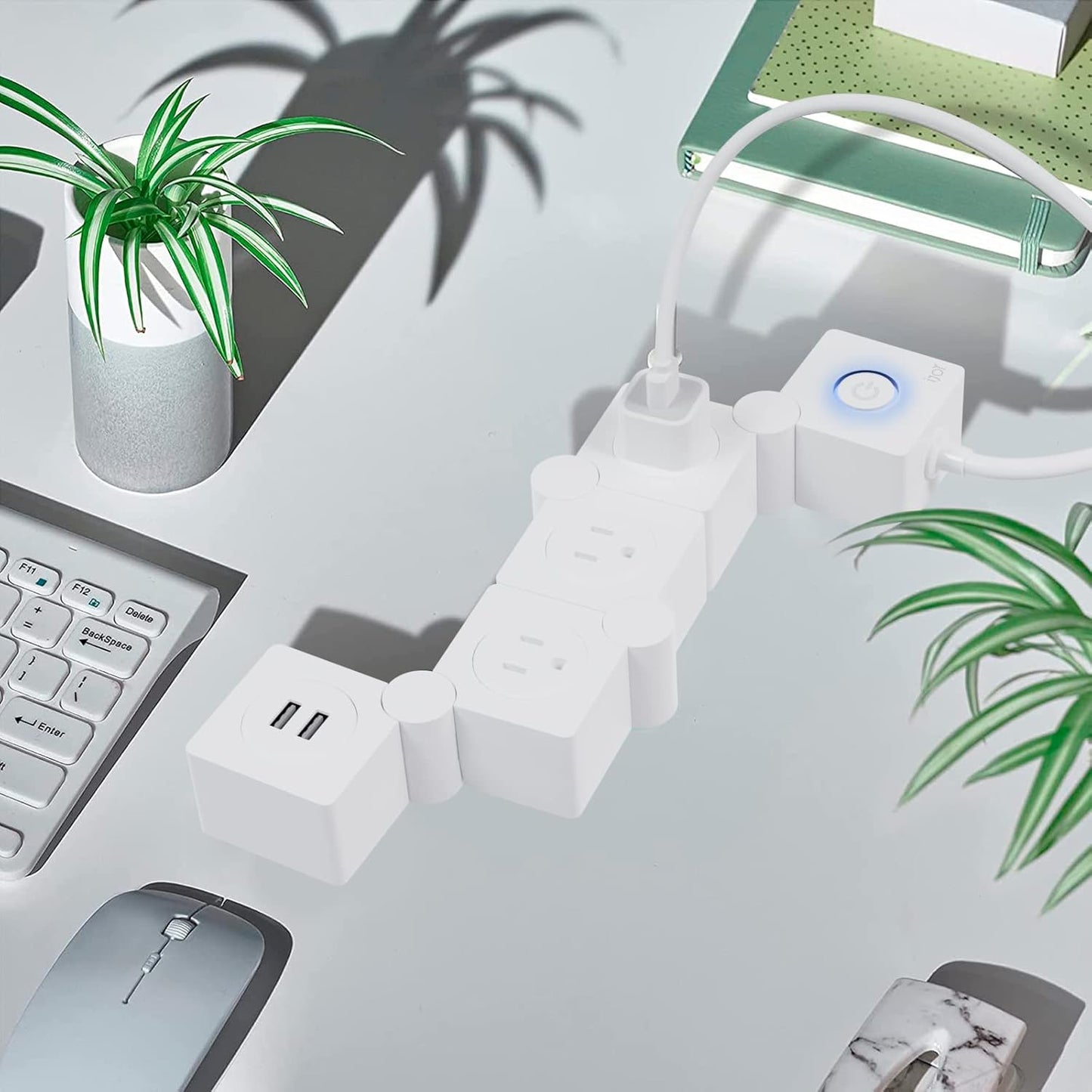 Flexible Power Strip - 3 AC Outlets and 2 USB Charging Ports with 5 Ft Extension Cord, Power Strip Surge Protector White