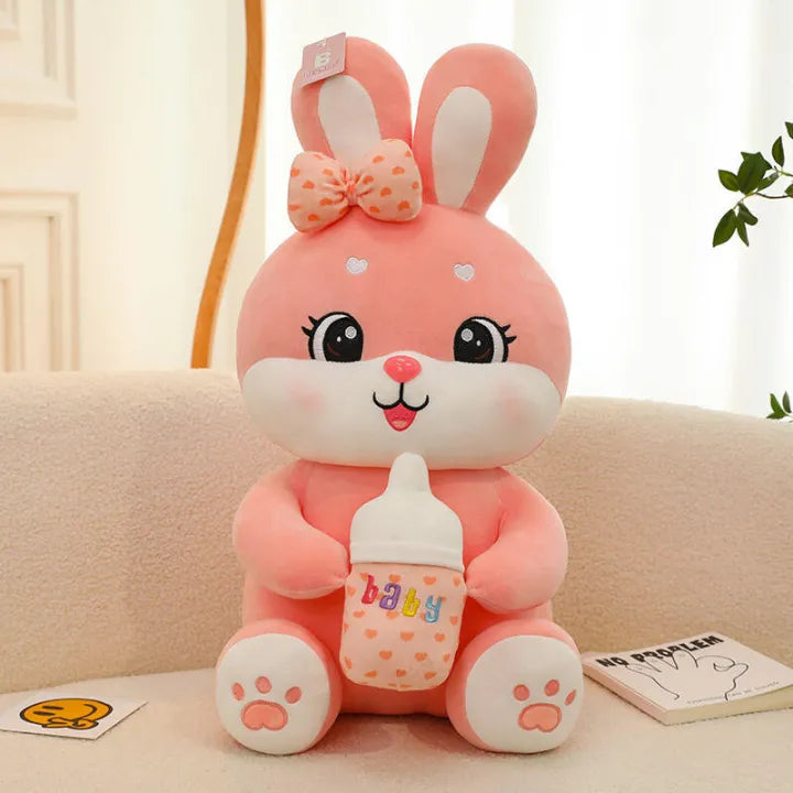 Large Baby Bottle Rabbit Plush Toy Bow Hold Baby Cute Super Soft Rabbit Doll