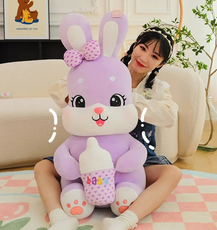 Large Baby Bottle Rabbit Plush Toy Bow Hold Baby Cute Super Soft Rabbit Doll