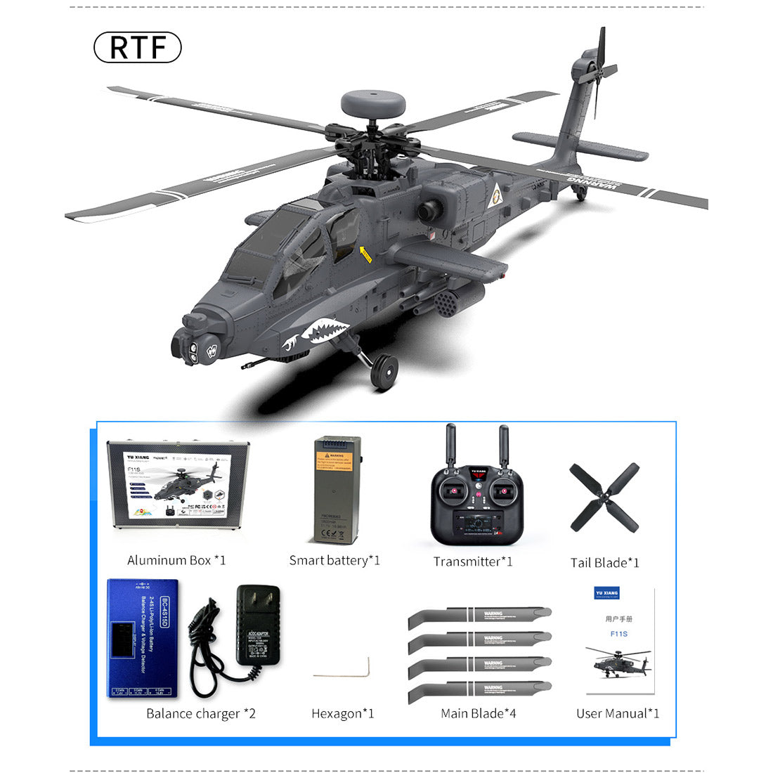YU XIANG Apache GPS Helicopter F11-S AH64 1/32 Scale 2.4G 6CH RC Dual-axis Co-drive Flybarless 6G/3D Stunt