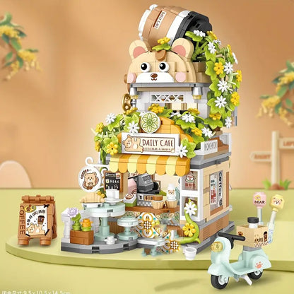 1077pcs Little Bear Coffee Shop & 860pcs Panda Tea House - Charming Mini Building Blocks Set