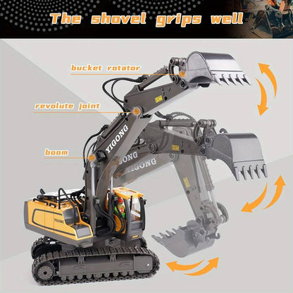 RC Excavator Toy for Boys with Metal Shovel & Light - Rechargeable, 11CH Remote Control Construction