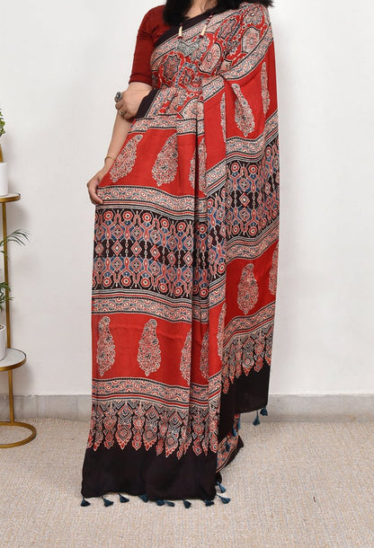AJRAKH MAROON MODAL SILK DIGITAL PRINTED SAREE