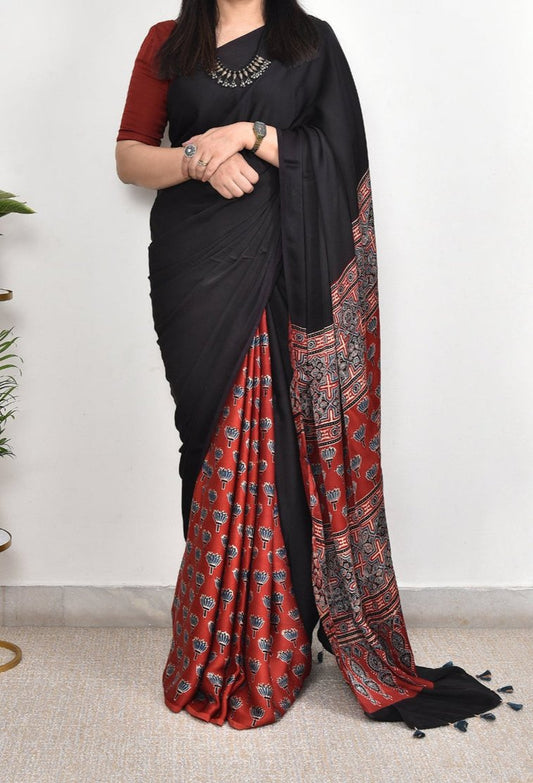 Black Plain - Ajrakh Modal Silk Premium Saree