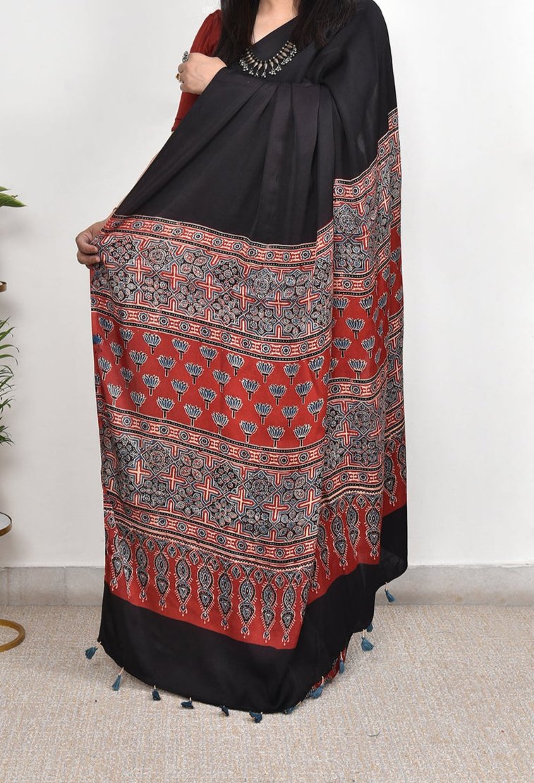 Black Plain - Ajrakh Modal Silk Premium Saree