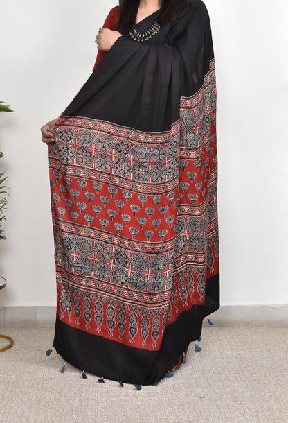 Black Plain - Ajrakh Modal Silk Premium Saree