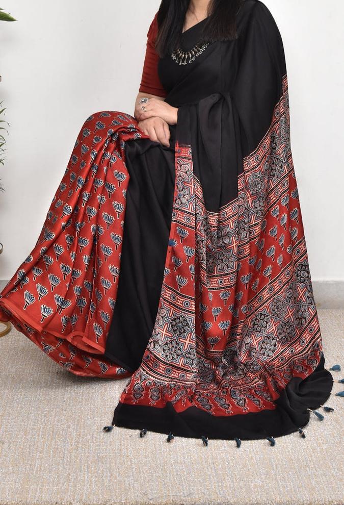 Black Plain - Ajrakh Modal Silk Premium Saree