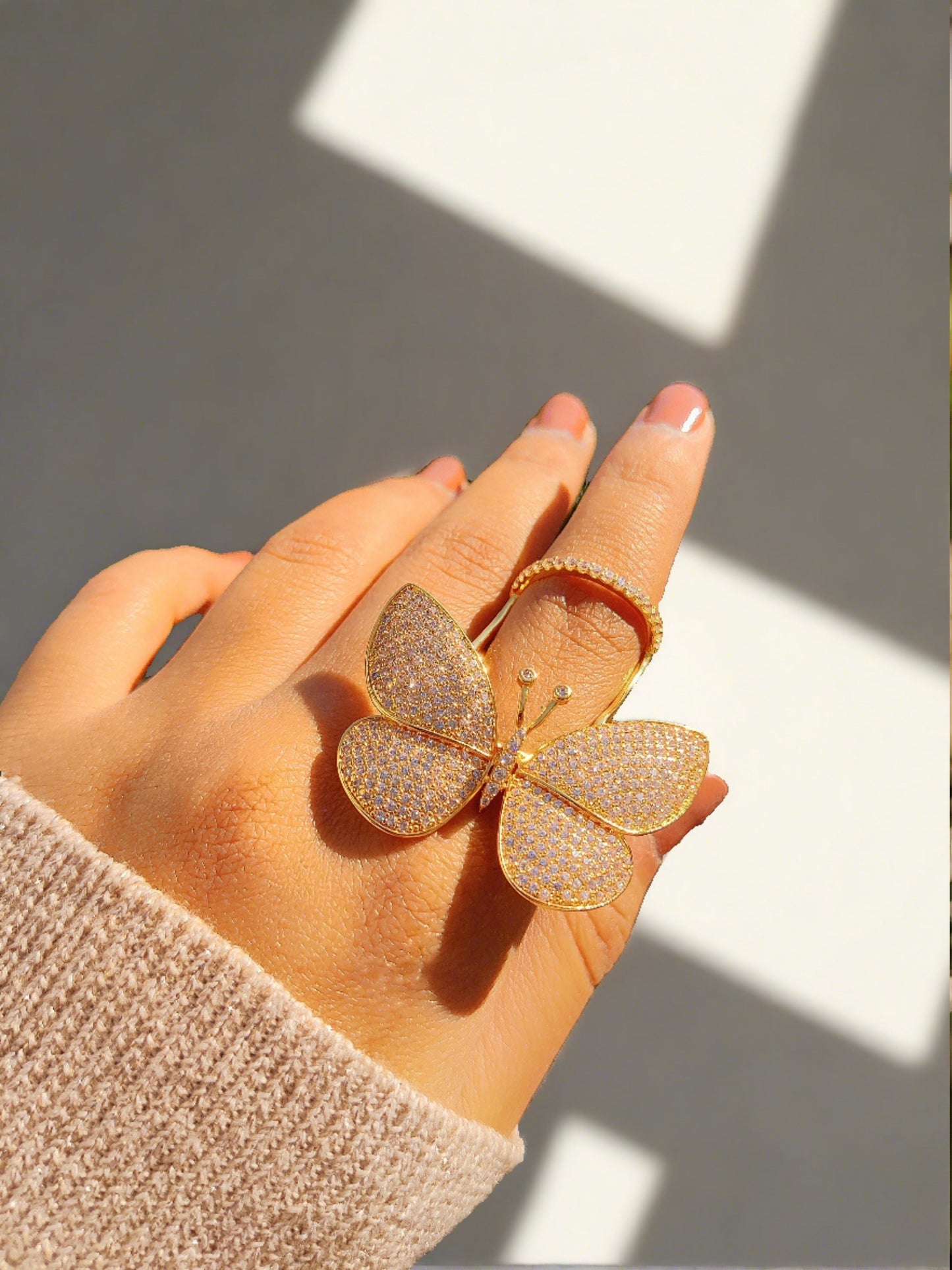 Flying Butterfly Diamond Ring - 18KT Gold Plated (Re-Sizable)