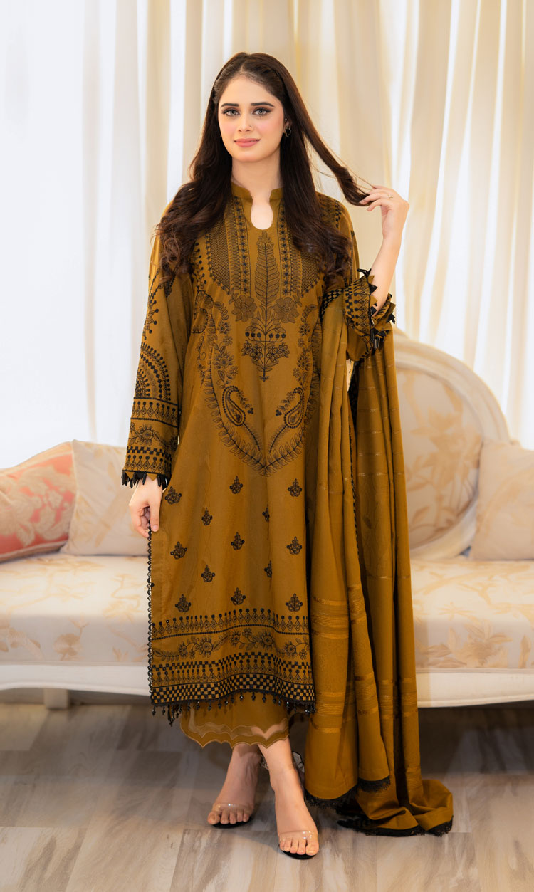 3 Pc Brown Readymade Silk Dupatta Suit Set