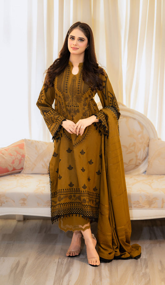 3 Pc Brown Readymade Silk Dupatta Suit Set