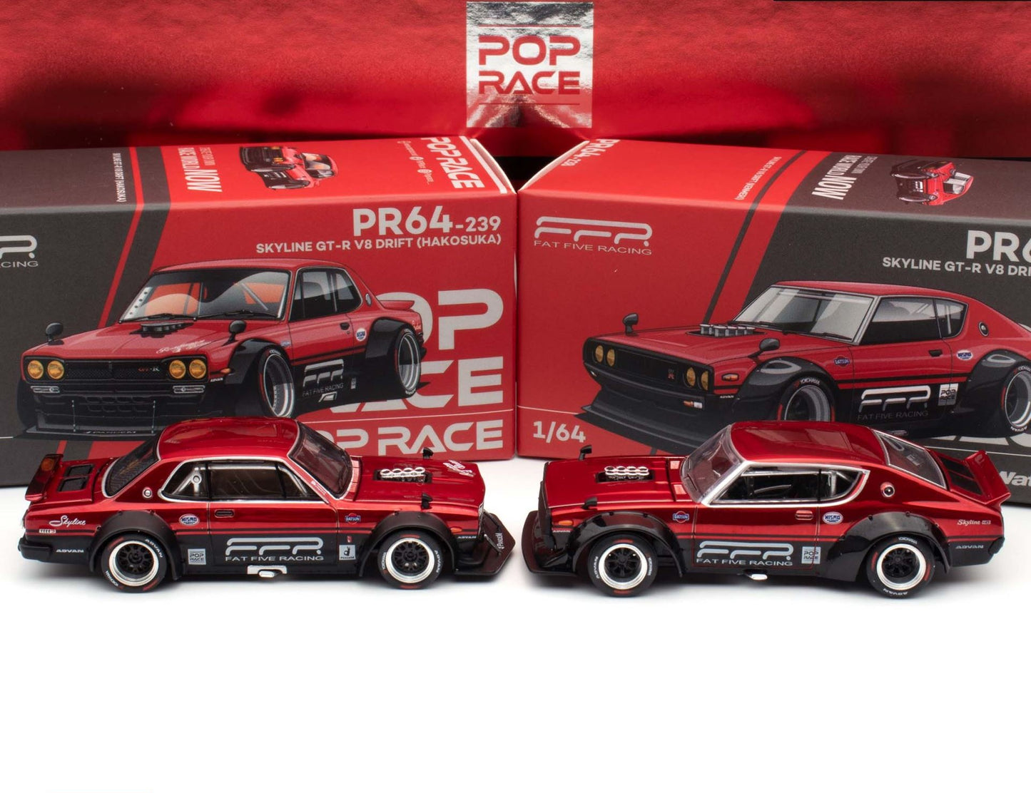 1:64 POPRACE Nissan Skyline GT-R V8 Drift (Hakosuka / Kenmeri) Fat Five Racing Carmeet 2025 Box Set