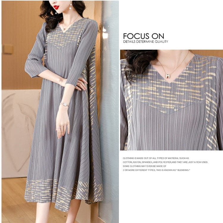 Midi Sleeve Pleated V-Neck Loose Dress