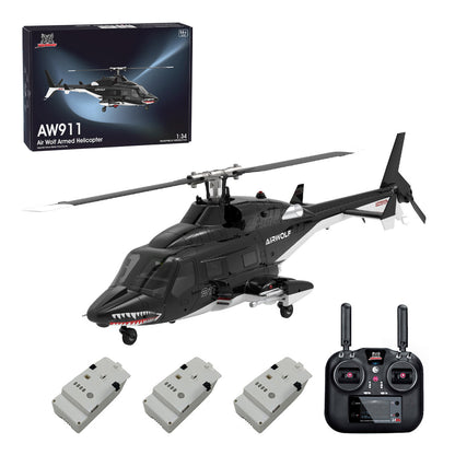 WOLFBUSH AW-911 Airwolf 1/34 Scale 2.4G 9CH Flybarless RC Helicopter Model with 6G/3D Stunt Mode and GPS Positioning (RTF Version/ Mode 1/Mode 2 Switchable)