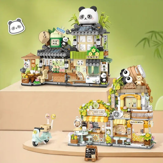 1077pcs Little Bear Coffee Shop & 860pcs Panda Tea House - Charming Mini Building Blocks Set
