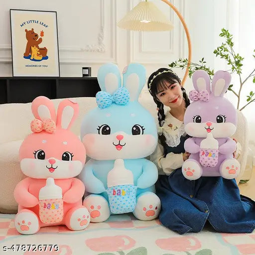 Large Baby Bottle Rabbit Plush Toy Bow Hold Baby Cute Super Soft Rabbit Doll