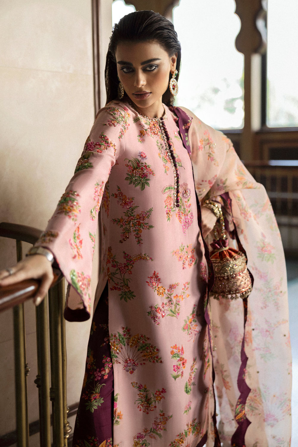 Hussain Rehar Pink floral printed kurta set