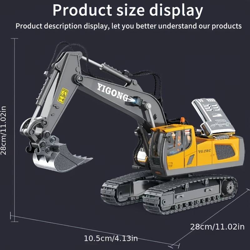 RC Excavator Toy for Boys with Metal Shovel & Light - Rechargeable, 11CH Remote Control Construction