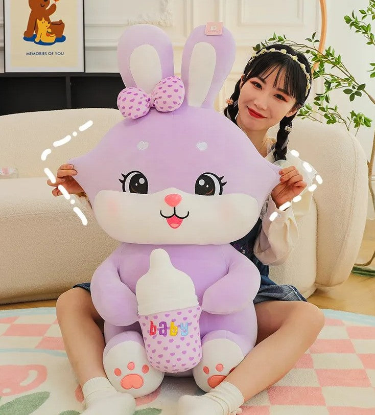 Large Baby Bottle Rabbit Plush Toy Bow Hold Baby Cute Super Soft Rabbit Doll