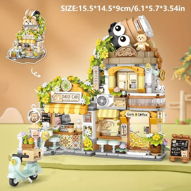 1077pcs Little Bear Coffee Shop & 860pcs Panda Tea House - Charming Mini Building Blocks Set