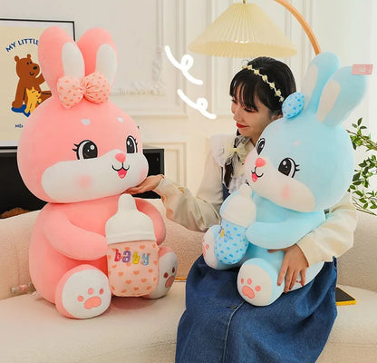 Large Baby Bottle Rabbit Plush Toy Bow Hold Baby Cute Super Soft Rabbit Doll